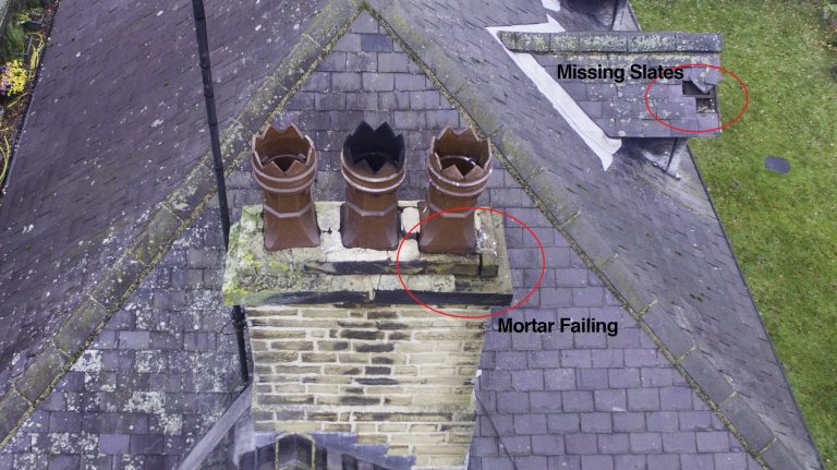 Drone photography showing cracks in a chimney