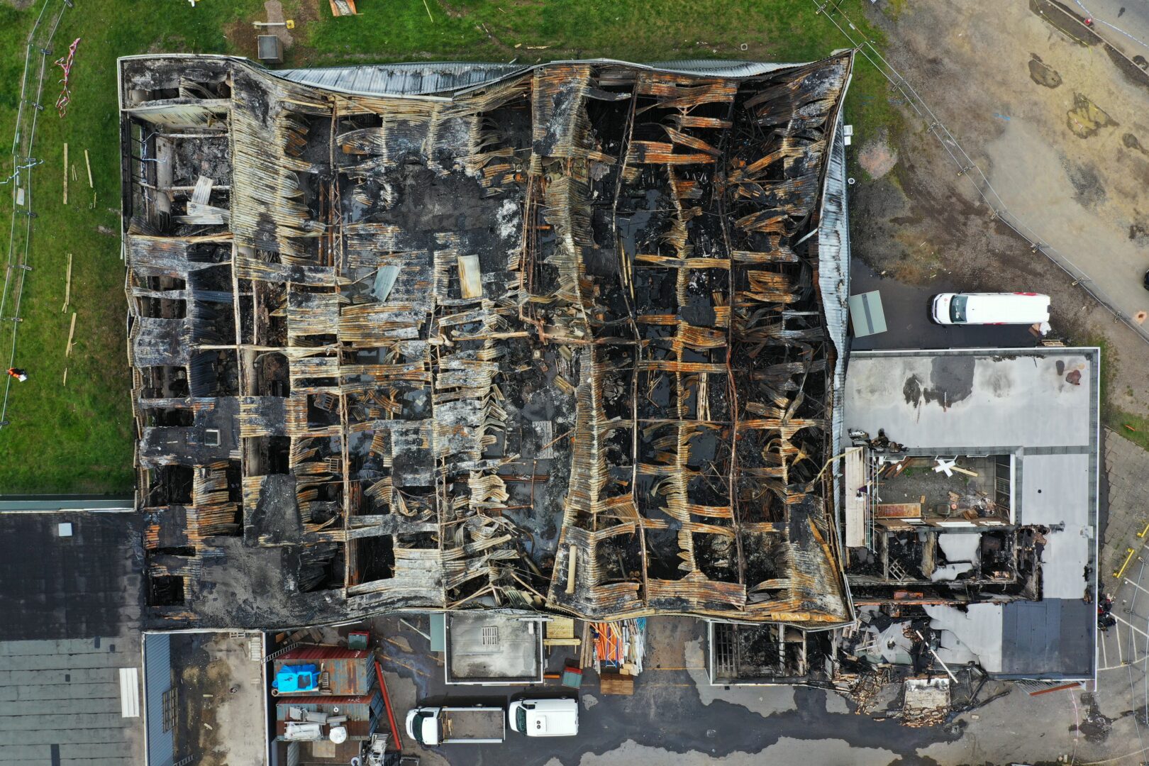 Aerial photo of a building in disrepair